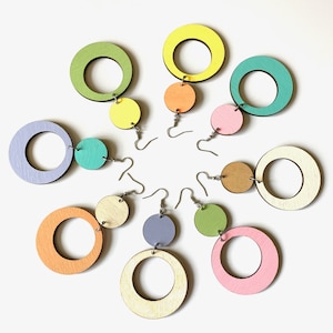 Lightweight Circle Wood Hand Painted Earrings|Lightweight Retro Dangles|Pastel Retro Mix and Match Dangles|Wooden Dangles|Spring Dangles