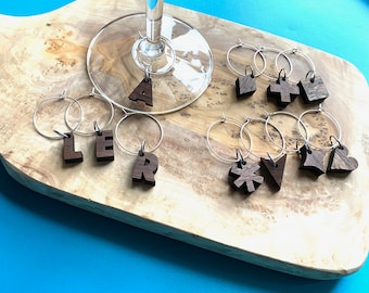 Custom Walnut Wine Tags|Personalized Wood Wine Signs|Letter Wine Charms|Shape Wine Tags|Made to Order Wine Tags in Walnut and Silver