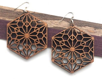 Lightweight Hexagon Earrings|Laser Cut Wood Hexagon Earrings|Geometric Earrings Your Choice of Hard Wood|Lightweight Hex/Geo Dangle Earrings