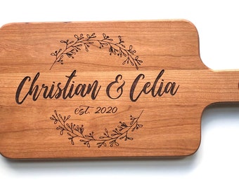 Custom Engraved Wood Cutting Board with Handle | Cherry Solid Wood Charcuterie Board | Personalized Wedding Gift | Housewarming Gift