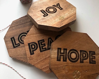 Laser Engraved Coasters | Solid Wood & Hand Painted Laser Engraved | Peace Hope Joy Love Coasters | Hostess Gift