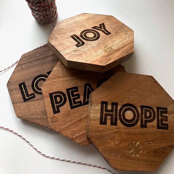 Laser Engraved Coasters | Solid Wood & Hand Painted Laser Engraved | Peace Hope Joy Love Coasters | Hostess Gift