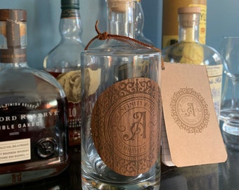 Personalized Infinity Bottle | Real Wood Label | Whiskey Blending Bottle with Notebook | Monogrammed Bottle Label | Groomsmen Gift