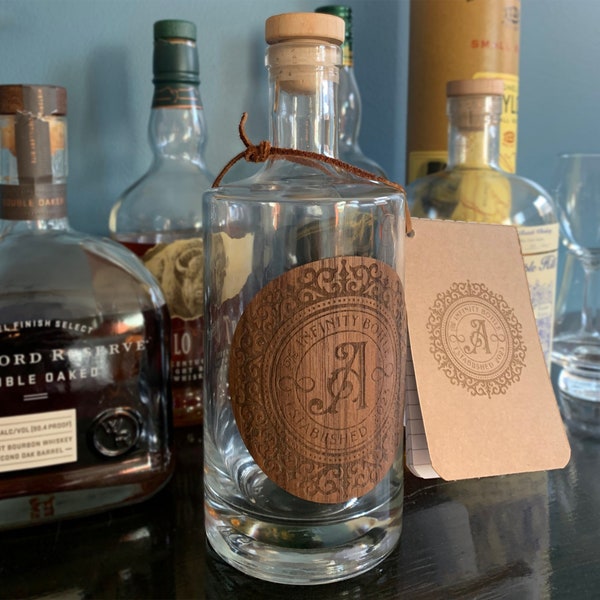Personalized Infinity Bottle | Real Wood Label | Whiskey Blending Bottle with Notebook | Monogrammed Bottle Label | Groomsmen Gift
