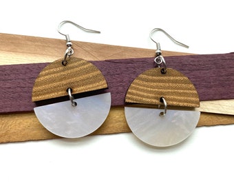 Reclaimed Black Locust & Mother of Pearl Acrylic Geometric Lightweight Dangle|Reclaimed Wood and Acrylic Dangle|Lightweight Geometric Dangle