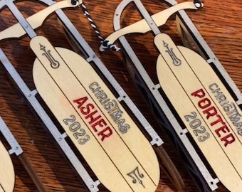 Antique Snow Sled Ornament|Wood Custom Engraved Christmas Sled Ornament|Vintage Wood Sled Ornament|Vintage Sled Tree Hanger|Wooden Sled