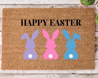 Happy Easter Coir Doormat: Pastel Bunny Spring Decor