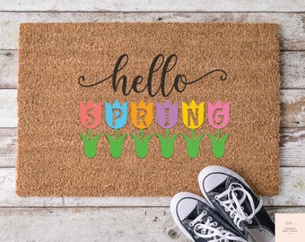 Hello Spring Coir Doormat: Pastel Tulips Welcome Mat