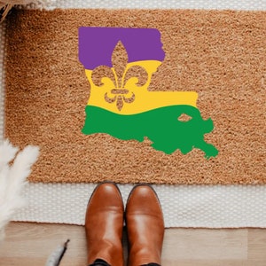 Louisiana Mardi Gras-deurmat | Fleur de Lis en feestelijke kleuren | Paars, goud, groen | Voordeurmat kokos | Uniek decor Louisiana