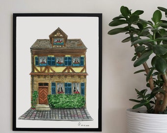 Impression d’art Charming Tudor Style House Bamberg Allemagne Scan à partir de l’encre originale et du dessin à l’aquarelle Wall Art Print Digital Instant Download