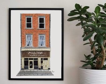 Imprimer Charming Building shop front Dublin Irlande à partir de dessin original à l’encre et à l’aquarelle Wall Art Store House Print Digital Downloads