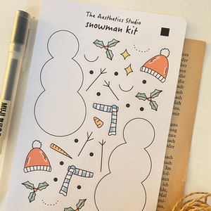 Hoja de pegatinas con kit de muñeco de nieve: pegatinas para Bullet Journal, pegatinas para planificador, bonitas, vacaciones, pegatinas vintage, pegatinas decorativas, bujo, hygge