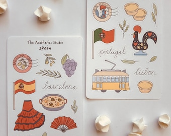 Travel Spain and Portugal Sticker Sheet - Vacation, Summer, Travel, memories, gift, Scrapbooking, cute fun travel journal for penpals