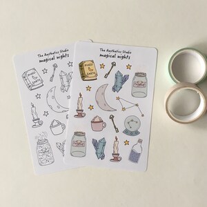Hoja de pegatinas de noches mágicas: pegatinas para bullet journal, pegatinas para planificador, pegatinas para scrapbook, pegatinas vintage, pegatinas decorativas, Bujo