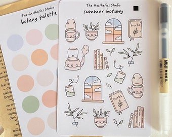 Hoja de pegatinas de botánica de verano - Pegatinas para bullet journal, pegatinas para planificador, pegatinas para scrapbooking, pegatinas vintage, pegatinas decorativas, Bujo