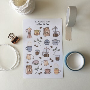 Hoja de pegatinas de café y té: pegatinas para Bullet Journal, pegatinas para planificadores, pegatinas para álbumes de recortes, pegatinas vintage, pegatinas decorativas, Bujo