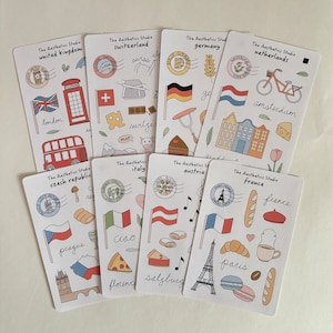 Travel Europe Sticker Bogen - Österreich, UK, Niederlande, Frankreich, Italien, Deutschland, Tschechien, Schweiz, Scrapbooking, Reise Aufkleber, Journal