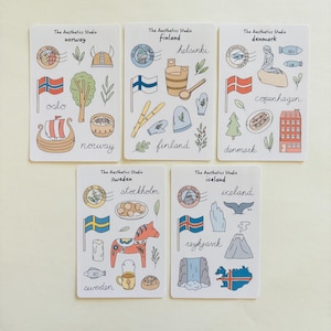 Foglio di adesivi per viaggi nei paesi nordici - Islanda, Norvegia, Svezia, Danimarca, Finlandia, simpatici adesivi per scrapbooking, diario di viaggio in Scandinavia