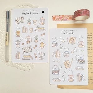 Feuille d'autocollants pour le café, le thé et les livres - Stickers Bullet Journal, Stickers agenda, Stickers scrapbooking, Stickers vintage, Stickers décoratifs, Bujo