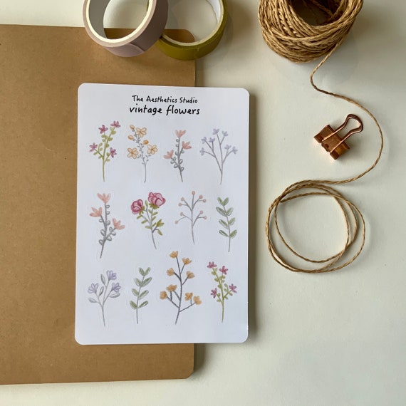 Foglio di adesivi di fiori vintage Adesivi Bullet Journal, Adesivi