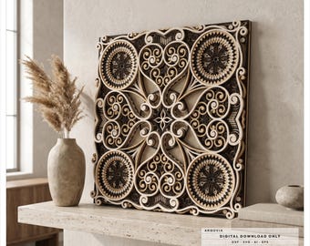 Vintage floral mandala SVG file, multilayer laser cut design, DXF template, CNC router wall art, layered wood decor