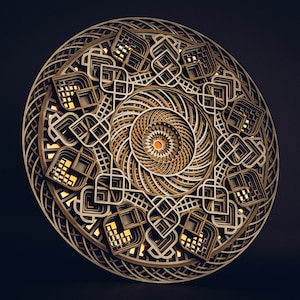 May include: A circular multi-layered wooden wall art piece featuring intricate geometric patterns and cutouts. The design consists of concentric rings with overlapping shapes and a central star-like motif, illuminated from behind with a warm light.