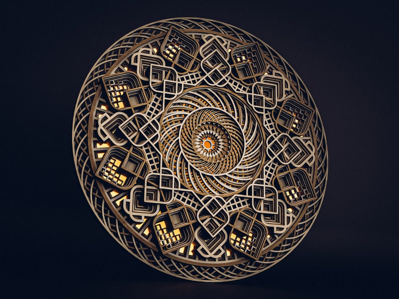 May include: A circular multi-layered wooden wall art piece featuring intricate geometric patterns and cutouts. The design consists of concentric rings with overlapping shapes and a central star-like motif, illuminated from behind with a warm light.