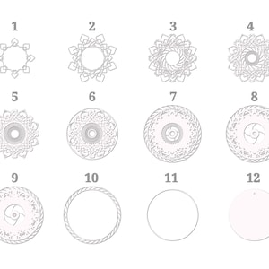 May include: A grid of twelve circular white discs arranged in three rows of four. Each disc features a unique embossed pattern, ranging from simple geometric shapes and intricate mandala-like designs to a plain surface, all labelled with numbers one through twelve.