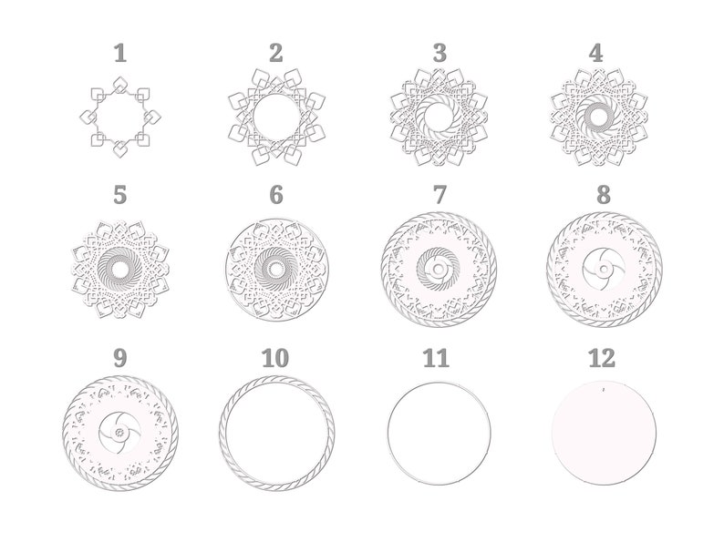 May include: A grid of twelve circular white discs arranged in three rows of four. Each disc features a unique embossed pattern, ranging from simple geometric shapes and intricate mandala-like designs to a plain surface, all labelled with numbers one through twelve.