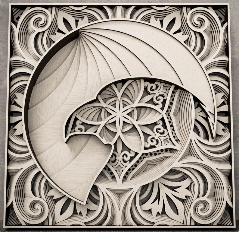 May include: A square, multi-layered wooden wall art piece featuring a laser-cut design of an eagle head profile. The artwork displays intricate geometric patterns, including a flower-like motif within the eagle, surrounded by ornate, swirling scrollwork.