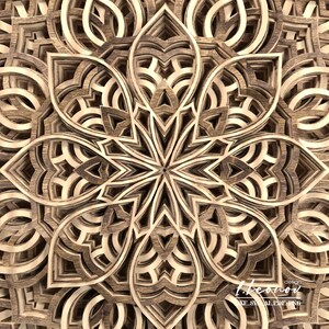 May include: A detailed, intricate mandala design carved from wood. The design features multiple layers of overlapping patterns, creating a 3D effect. The wood is a light brown color, and the design is symmetrical.