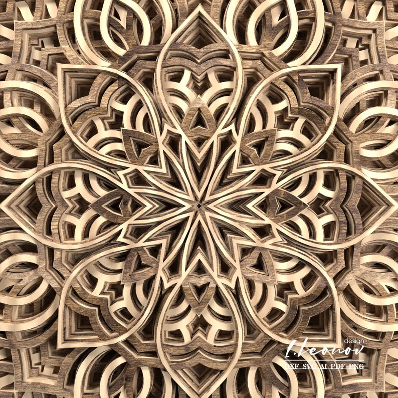 May include: A detailed, intricate mandala design carved from wood. The design features multiple layers of overlapping patterns, creating a 3D effect. The wood is a light brown color, and the design is symmetrical.