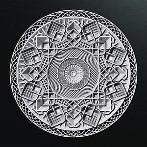May include: A circular white wall art piece featuring a complex, multi-layered geometric mandala design. The centre consists of a radiating spiral pattern, surrounded by repeating square grid motifs and intricate lattice borders in relief.