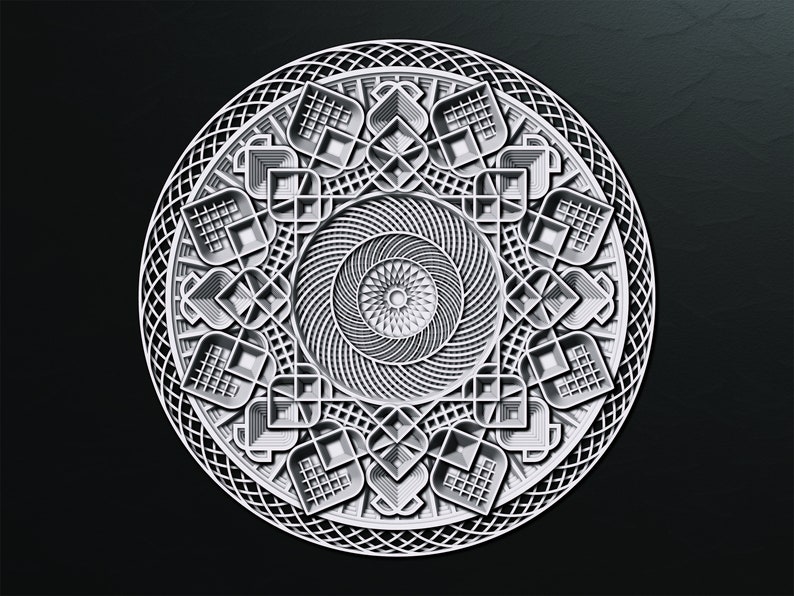 May include: A circular white wall art piece featuring a complex, multi-layered geometric mandala design. The centre consists of a radiating spiral pattern, surrounded by repeating square grid motifs and intricate lattice borders in relief.