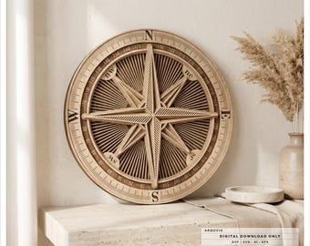 Compass Rose SVG File, Nautical Wall Art DXF, Layered Compass Laser Cut Design, Multilayer CNC Router Template