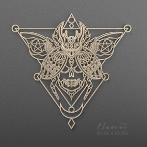 May include: A geometric design featuring a skull with intricate details, resembling a beetle with wings. The design is outlined in a light brown color against a dark gray background.