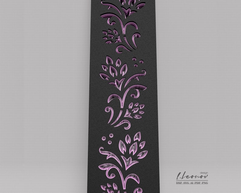 May include: A black and pink floral design with a repeating pattern. The design is cut out of a black background, creating a decorative border.