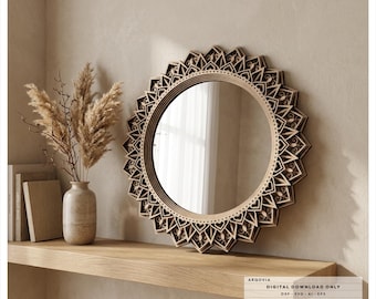 Op de afbeelding: Een ronde spiegel met een meerlaags, lasergesneden houten frame met ingewikkelde geometrische mandalapatronen. Het frame heeft een lichtbruine afwerking. De tekst vermeldt een afmeting van 283mm, 6 lagen en 3mm materiaaldikte.
