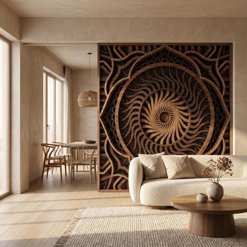 May include: A large, circular, multi-layered wooden wall art piece featuring an intricate, sunburst-inspired mandala pattern with deep, carved grooves and dark brown tones, mounted on a wall behind a cream-colored sofa in a living room.
