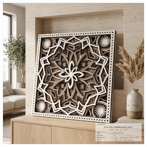 May include: A square multi-layered wooden wall art piece featuring a complex geometric mandala pattern in shades of cream, tan, and dark brown. The design includes a central floral motif, four corner circular accents, and a decorative border.