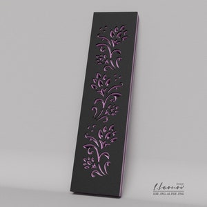 May include: A black decorative panel with a repeating pattern of pink floral designs. The panel is approximately 12 inches tall and 3 inches wide.