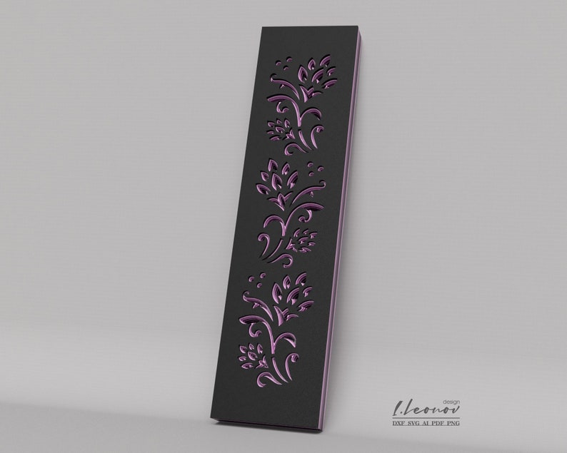 May include: A black decorative panel with a repeating pattern of pink floral designs. The panel is approximately 12 inches tall and 3 inches wide.