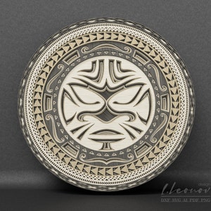 May include: A circular wooden carving with a tribal design. The carving features a stylized face with geometric patterns and a border of triangles and squares.
