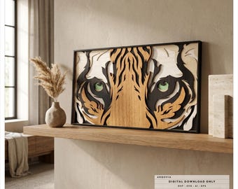 Könnte beinhalten: Ein rechteckiges, mehrschichtiges Wandkunstwerk aus Holz, das ein stilisiertes Tigergesicht in Schwarz-, Braun- und hellen Holztönen mit grünen Augen zeigt. Der Text unten rechts lautet: ARQOVIA DIGITAL DOWNLOAD ONLY DXF SVG AI EPS SIZE 377 x 190mm LAYERS 6 MATERIAL 3 mm PLYWOOD MDF HDF TYPE LASER CUT CNC ROUTER.