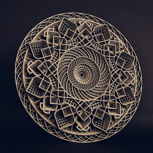 May include: A circular, multi-layered wooden wall art piece featuring intricate, laser-cut geometric patterns. The design consists of concentric rings with repeating petal-like shapes, grid textures, and a central spiral, all in a natural light wood tone.