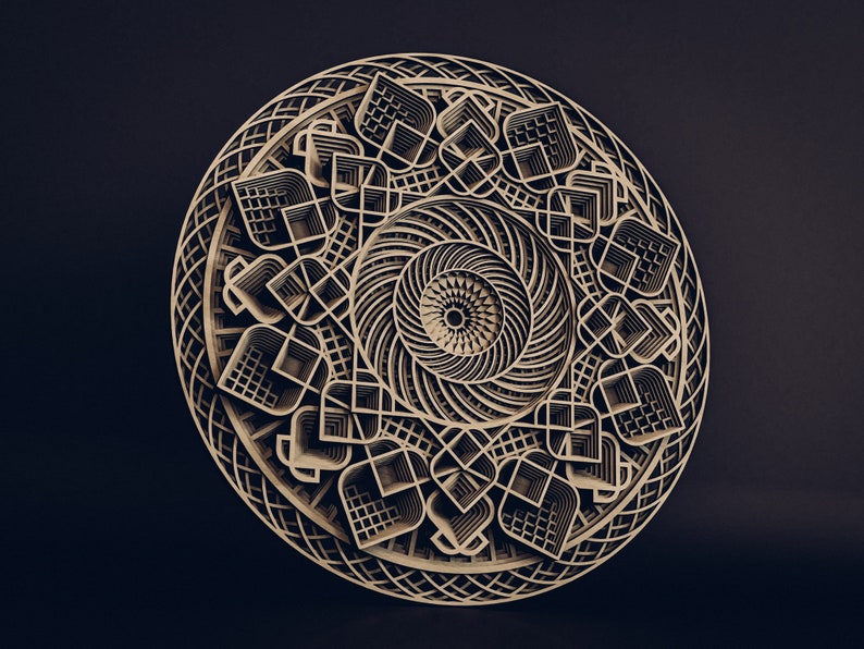 May include: A circular, multi-layered wooden wall art piece featuring intricate, laser-cut geometric patterns. The design consists of concentric rings with repeating petal-like shapes, grid textures, and a central spiral, all in a natural light wood tone.