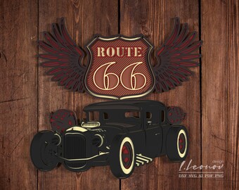 Laser cut wall art, Route 66 vector file,  Multilayer dxf file for laser cutting, Paper cut pdf pattern, Laser cut animal pattern