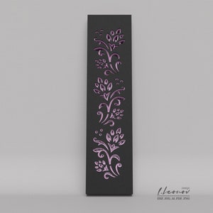 May include: A black decorative panel with a repeating pattern of pink floral designs. The panel is approximately 12 inches tall and 3 inches wide.