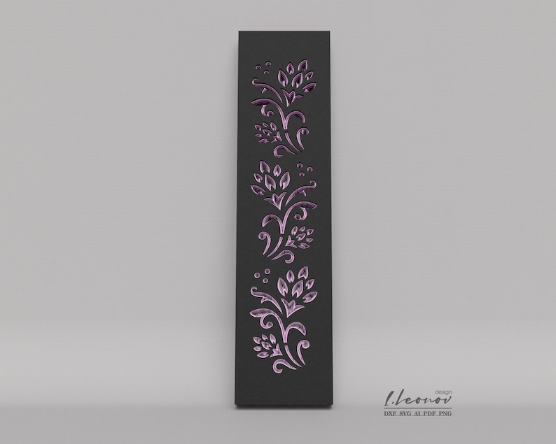 May include: A black decorative panel with a repeating pattern of pink floral designs. The panel is approximately 12 inches tall and 3 inches wide.