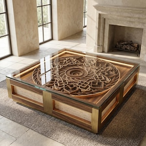 May include: A square coffee table featuring a glass top over a complex, multi-layered wooden mandala carving. The base is constructed from dark wood panels, light-coloured stone inserts, and metallic gold-toned corner accents with integrated lighting.